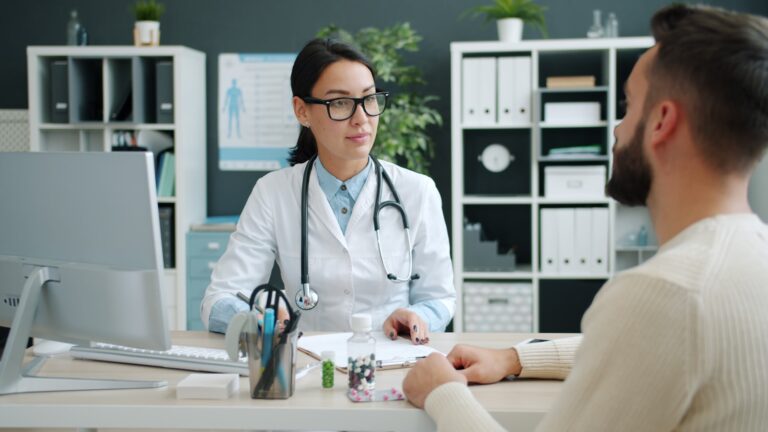 Physician reviewing a plan of care with a patient in a medical office, the noninstitutional setting required for incident to billing